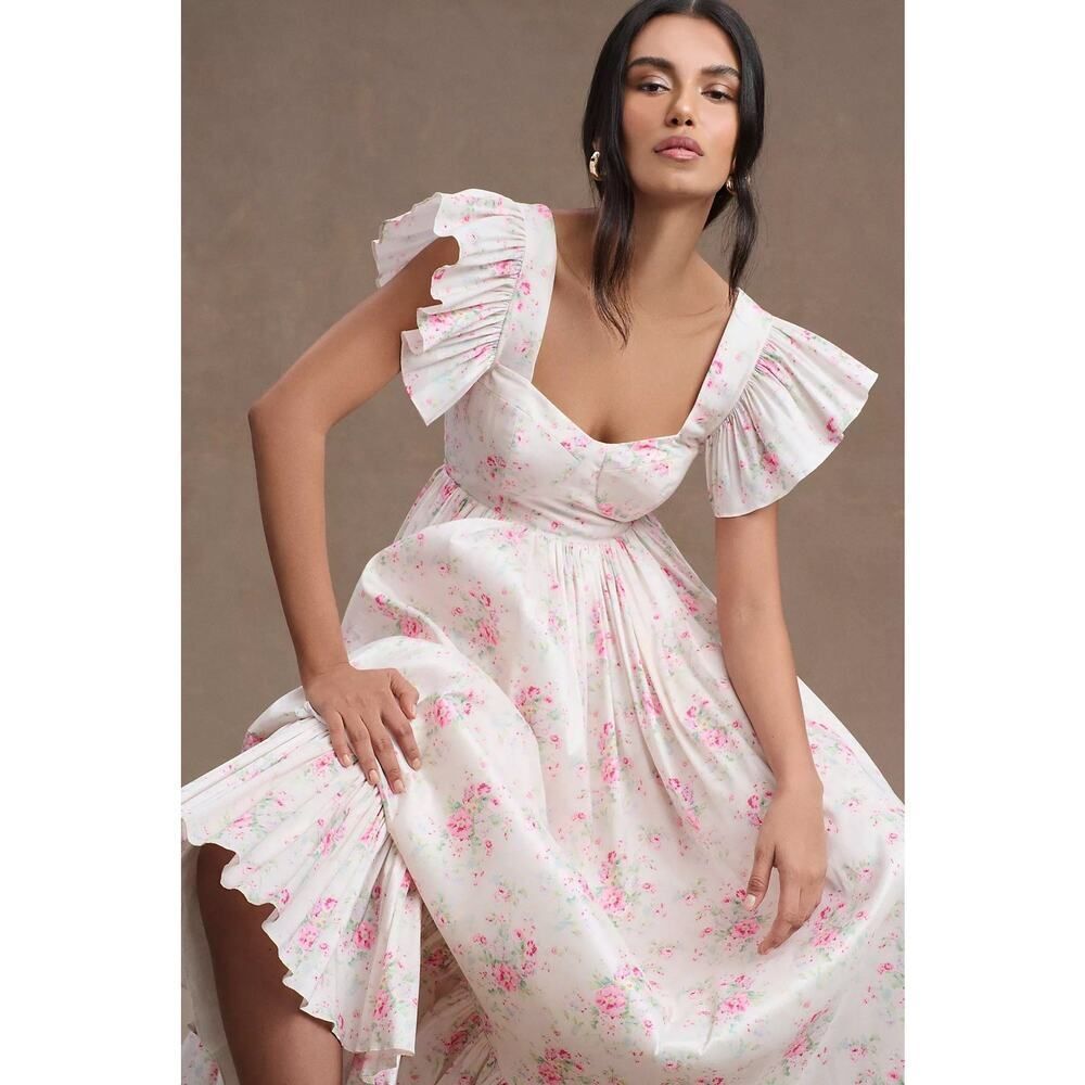 Anthropologie Cream Maxi Dress with Pink Floral Ruffle Sleeves - Picture 3 of 11